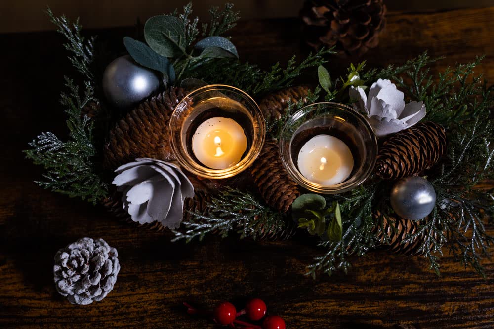 Marco Paul Interiors Eucalyptus Duo Tealight Marco Paul Pinecone Foliage Double Tea Light Holders - Christmas Table Decoration Tealight Holders - Votive Candles Holder Christmas Table Centrepiece, Fireplace Ornament For Home Decoration