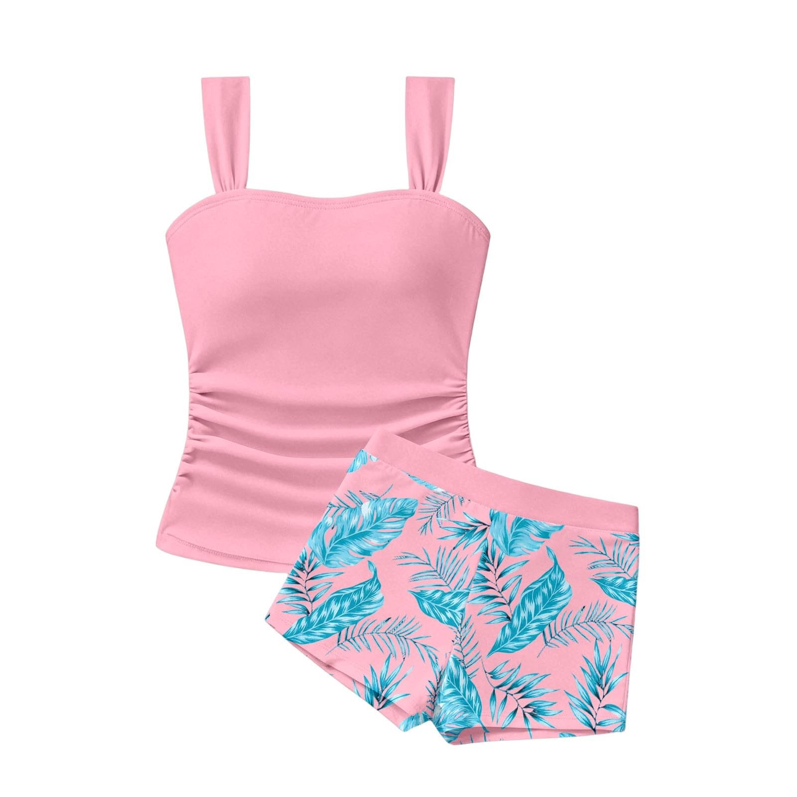 Tankini Mädchen Set Teenager Bequem Bikini Badeanzug High Waist Schwimmanzug Sommer Hawaii Badeanzug Mit Breite Träger Oberteil Und Hohe Taille Shorts Blumenmuster Badebekleidung Für 8-16 Jahre