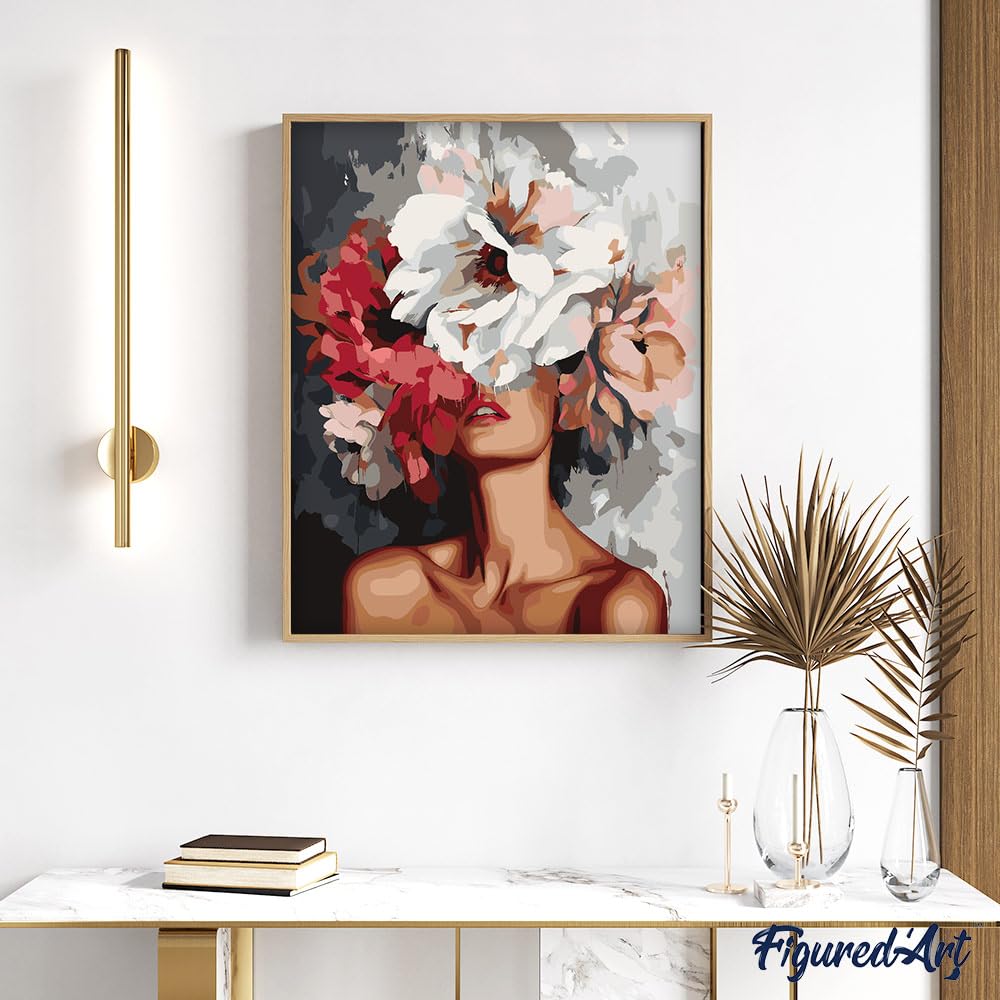Figured'Art Malen Nach Zahlen Erwachsene Mit Rahmen Schönheit hinter Blumen - Paint by Numbers Basteln DIY Bastelset 40x50cm - Leinwand gespannt auf Holzrahmen