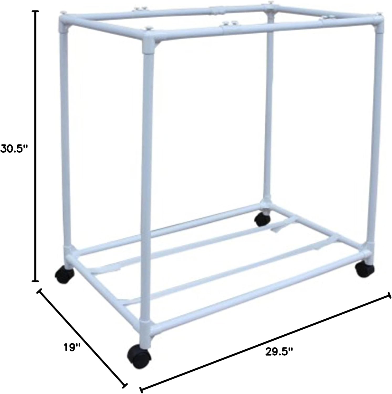 A diagram showing the dimensions of the assembled laundry sorter frame: 29.5 inches long, 19 inches wide, and 30.5 inches high.