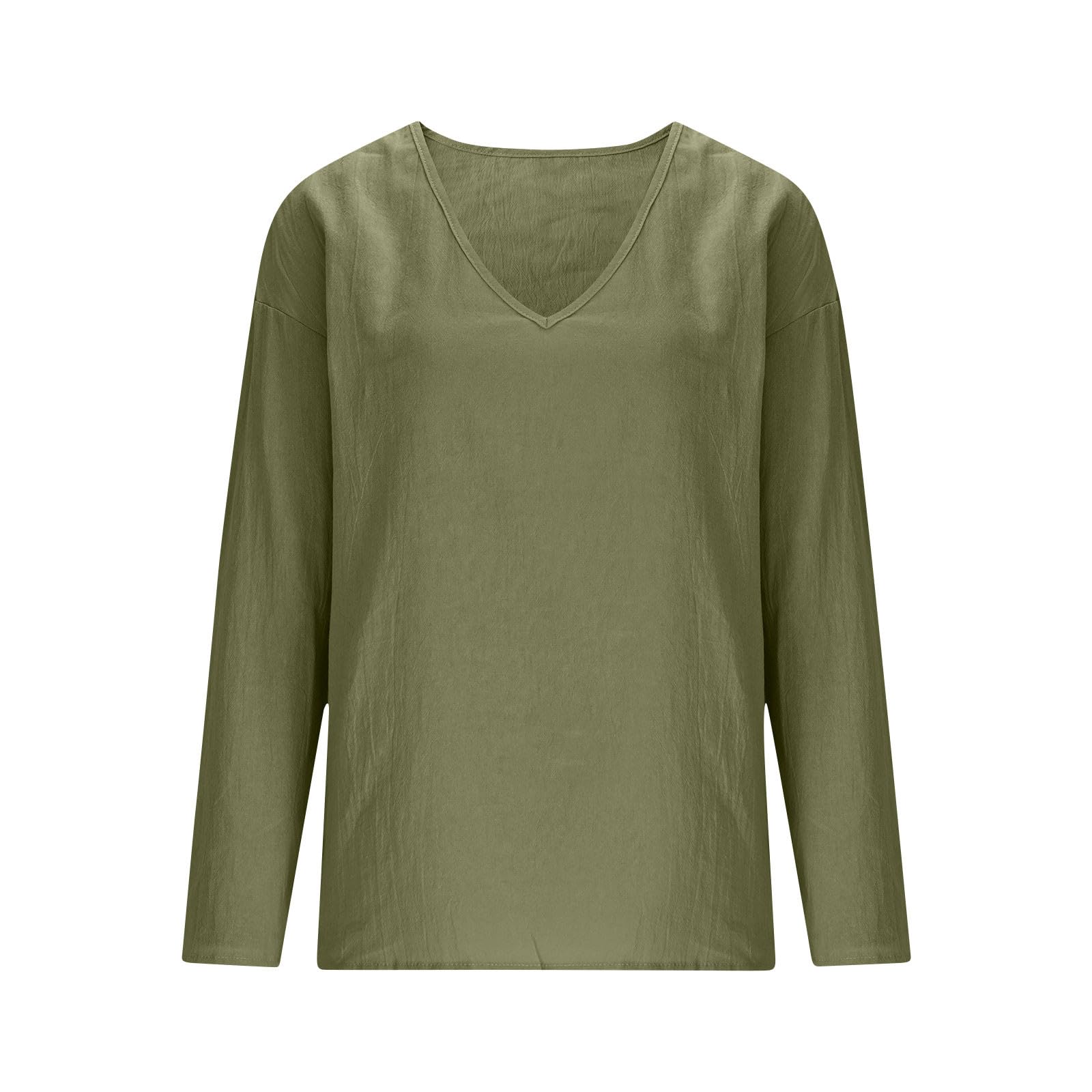 Linen Shirts for Women Long Sleeve V Neck Loose Tops Summer Beach Boho Casual Peasant Blouse - 5