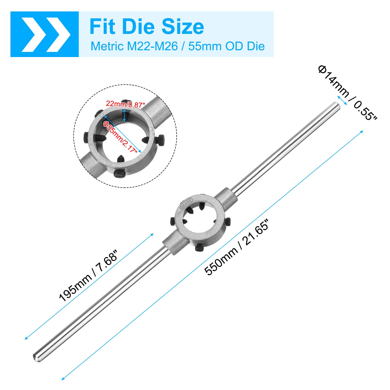 Klucz do narzynek 55 mm x 22 mm do narzynek okrągłych metrycznych M22-M26 / 55 mm średnicy zewnętrznej, regulowany uchwyt na narzynki, narzędzie ręczne do gwintowania i naprawy gwintów