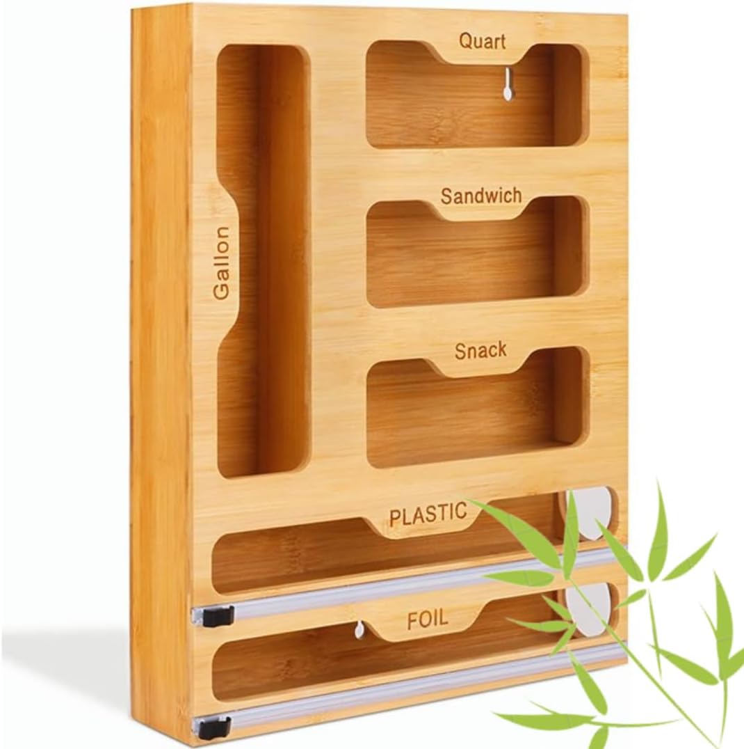 Bamboo Ziplock Bag Organizer - Foil and Plastic Wrap organizer with cutter - Holds up to 12” rolls - Baggie Organizer for Gallon, Quart, Sandwich, Snack Bags - Kitchen Organization - Drawer organizer