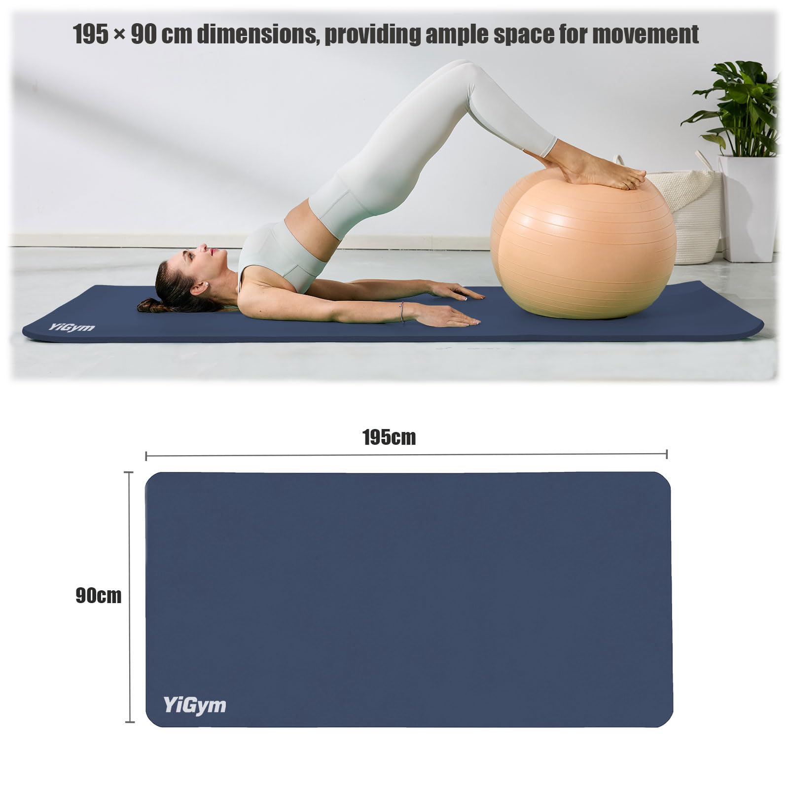 Tappetino da ginnastica, 195 x 90 cm, grande tappetino da yoga, spessore 10/15 mm, XL | Con tracolla e borsa, antiscivolo, per interni, esterni, casa, palestra, ginnastica, pilates