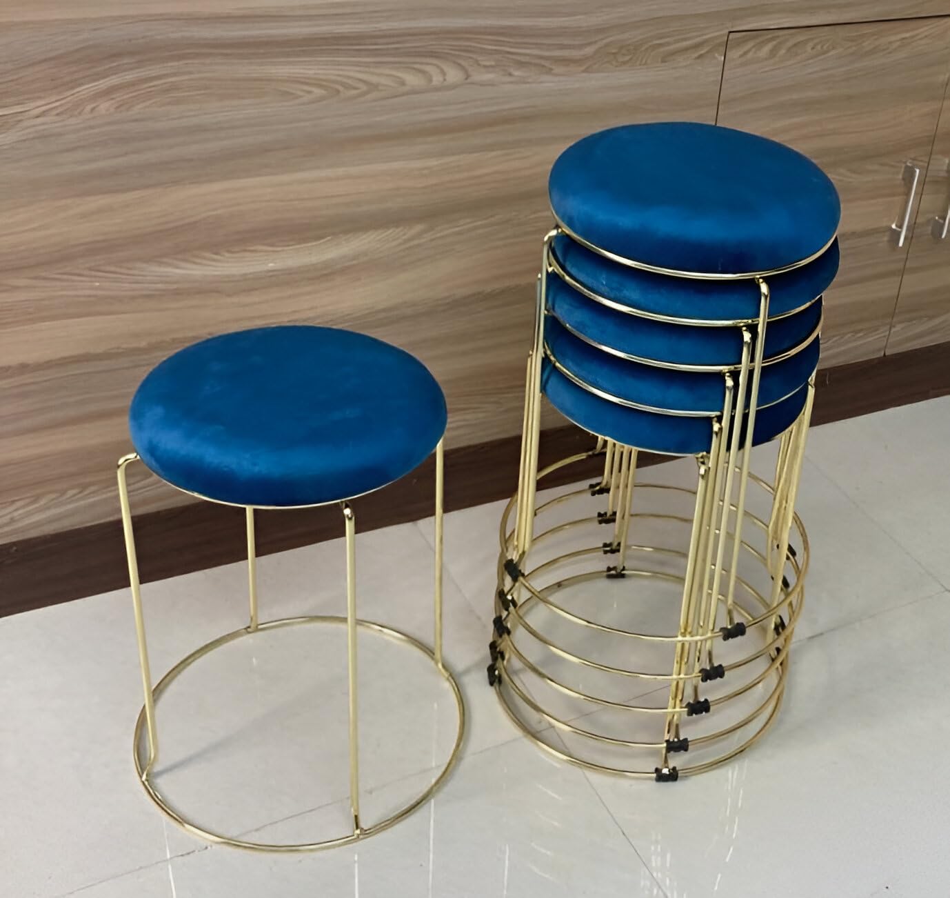 Toby Luxurious Modern Contemporary Multipurpose Round Velvet Golden Stool | Transform Your Space with Stylish Coffee/Tea/Milk Shop Bar Stools, Set of 5 (Blue)-image-34