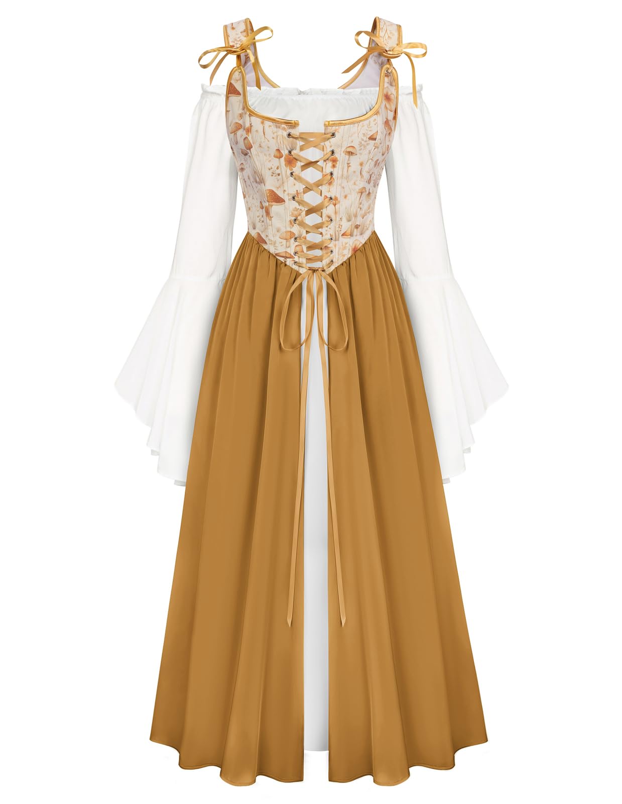 Scarlet Darkness Women Renaissance Costume Bell Sleeve Medieval Fairy Dress, Harvest Mushroom, 14