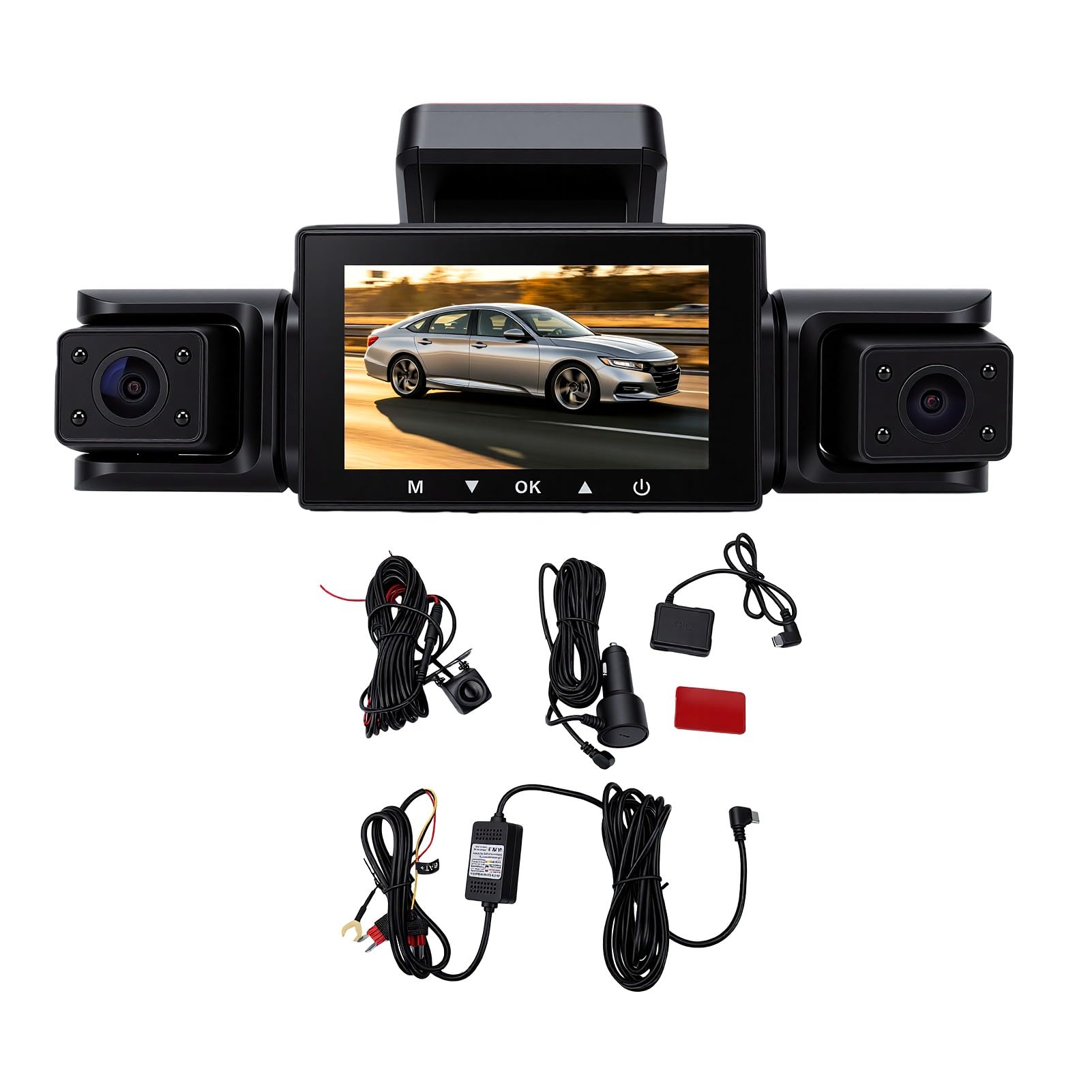 Dash Cam a 4 Canali con Vista a 360°, 4K+720P Anteriore, GPS WiFi 5G, Visione Notturna, Sensore G, modalità Parcheggio 24 Ore su 24, 7 Giorni su 7 per Auto e Camion