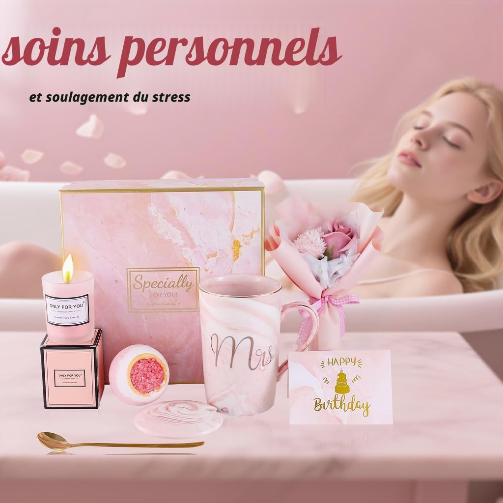 Cadeaux d’anniversaire pour femmes – Panier cadeau luxe avec tasse, bougie, bombe de bain, bouquet de savon – Idéal pour maman, épouse, sœur, amie, meilleure amie, collègue