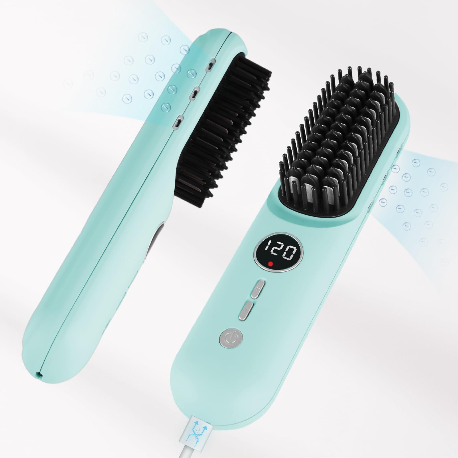 Cordless Hair Straightener Brush for Women, 6000mAh Flat Iron Comb, 3 Heat to 410°F, Ionic Ceramic Anti-Scald, USB-C, LCD, 30min Auto-Off, Travel Portable, Sea Blue