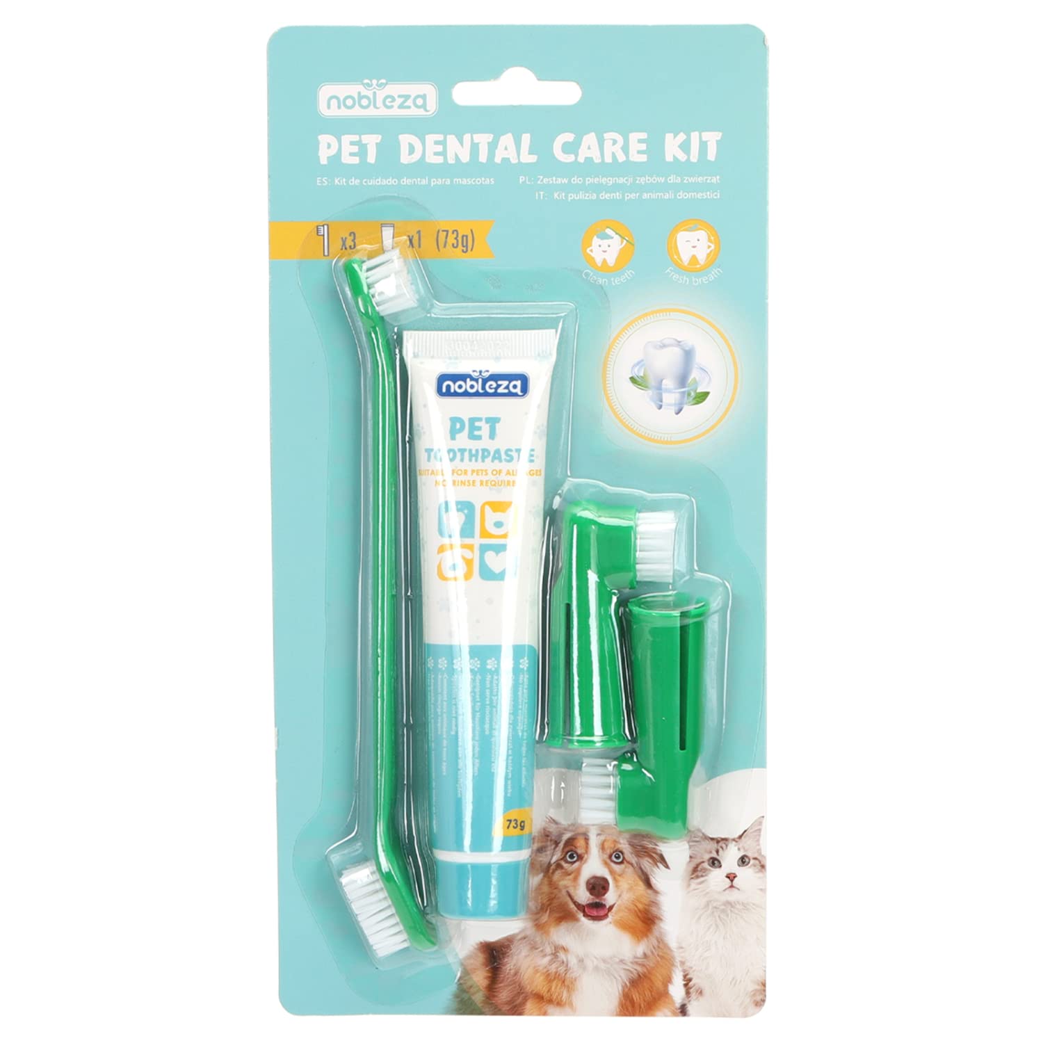 Nobleza - Set Higiene Dental para Perros, para la Limpieza y el Cuidado Dental, Previene la Placa y sarro, Crema de Dientes 73 g， Con Tres Cepillos de Dientes