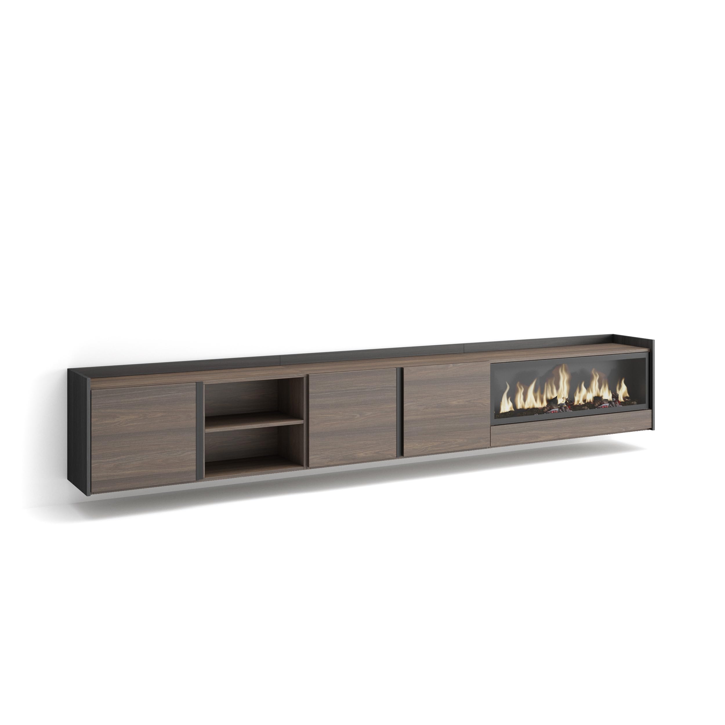 Skraut Home | Mueble TV | Muebles de salón, almacenaje | 315x50x35 cm | para televisión hasta 80" | Chimenea eléctrica XXL | Colgado, Suspendido | Estilo Moderno | Roble Oscuro y Negro