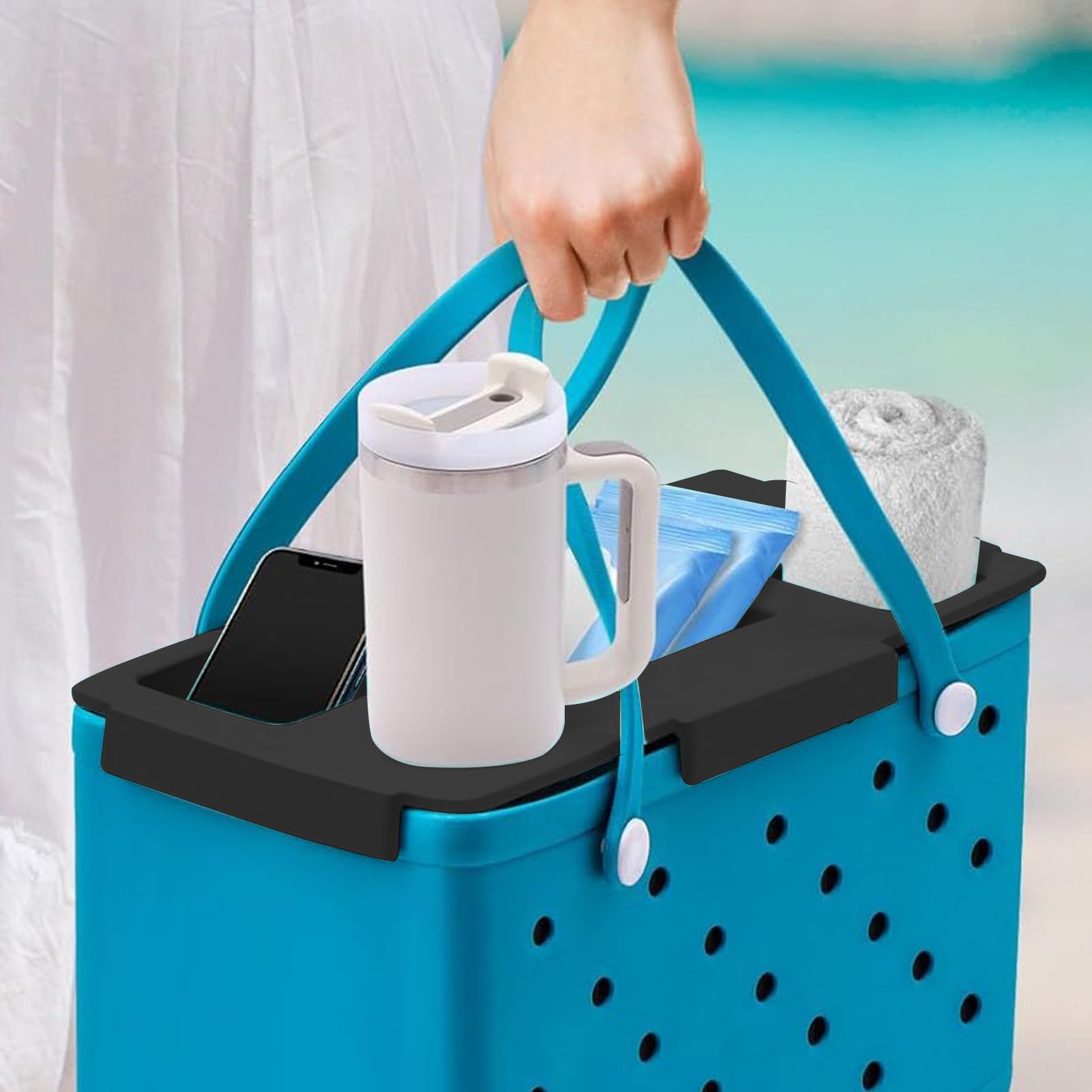 Organizador para Bolsa de Playa Bandeja para Bocadillos con Portavasos para | Organizador Con Ajuste Y Soporte Para Móvil Para Aventuras Familiares Al Aire Libre