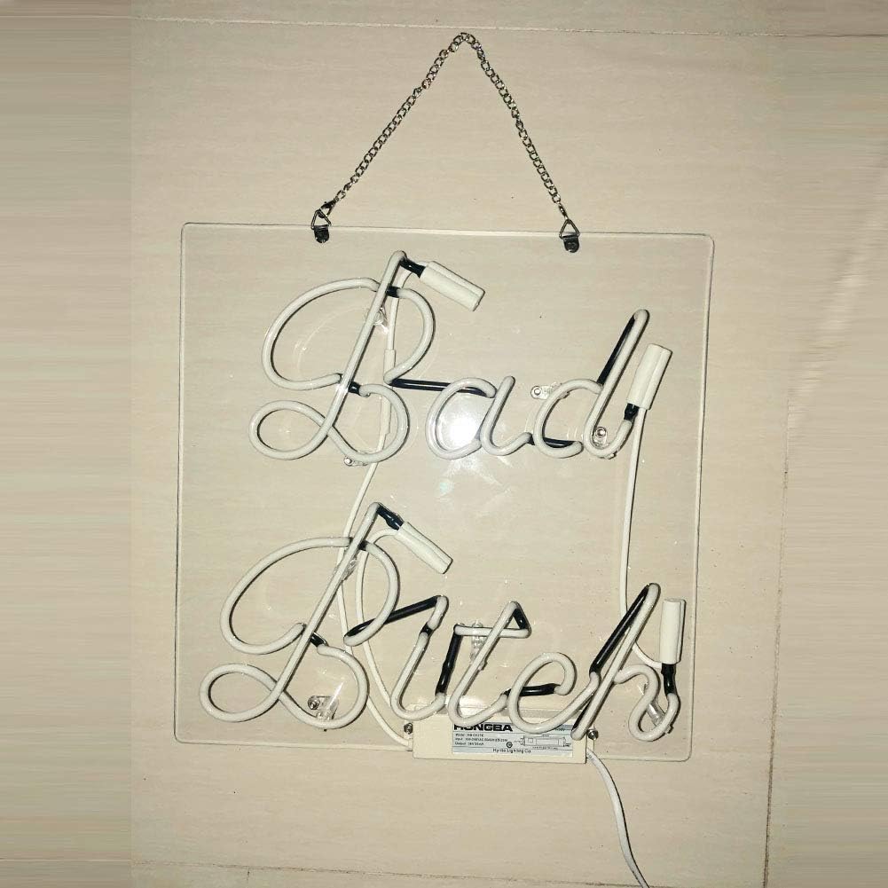 Mugua™ ''BAD BITCH' Pink Real Glass Handmade Beer Neon Sign 14" x 14" for Bar Bedroom Garage Game Room