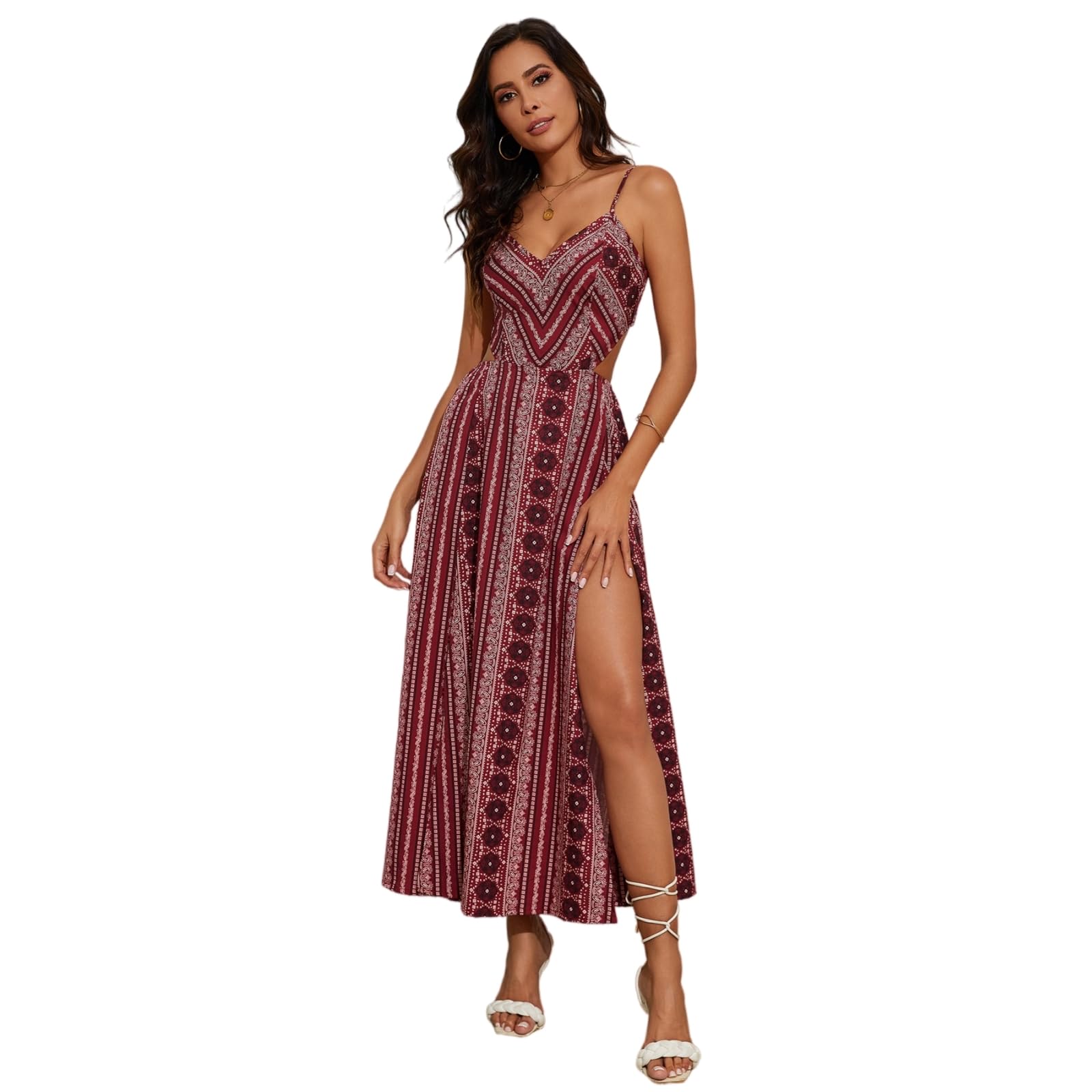 Vestito Abito Maxi Senza Schienale A Scollo in V Profondo da Donna - Stampa Floreale con Fessura Alta alla Coscia per Vacanze sulla Spiaggia E Feste Estive-Green-XL