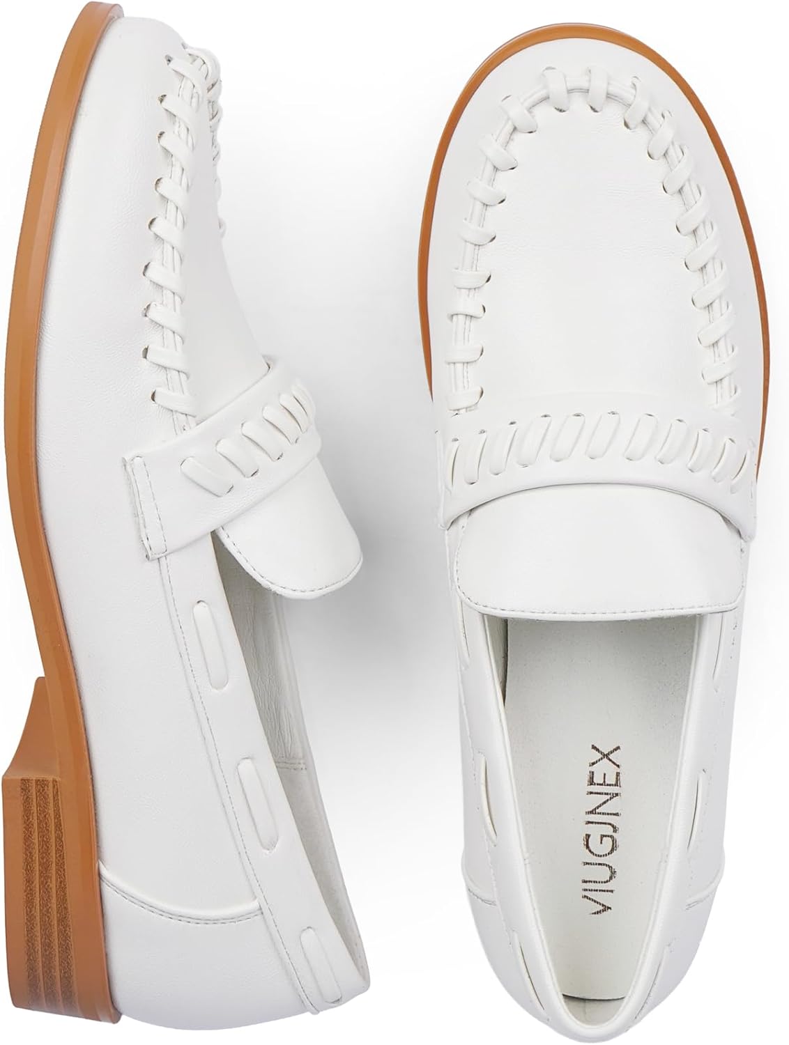VIUGJNEX Women's Loafers with Woven Strap Detail Business Casual Slip On Shoes Low Chunky Heel