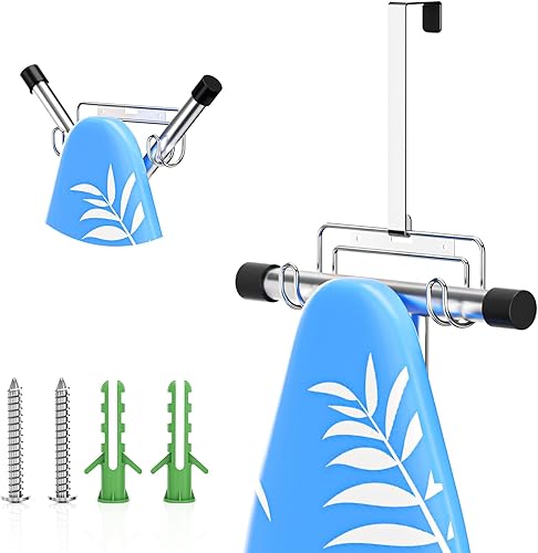 Soporte para tabla de planchar para montaje de paredsobre la puerta, colgador de tabla de planchar, soporte de pared para patas en Y o T (plateado)