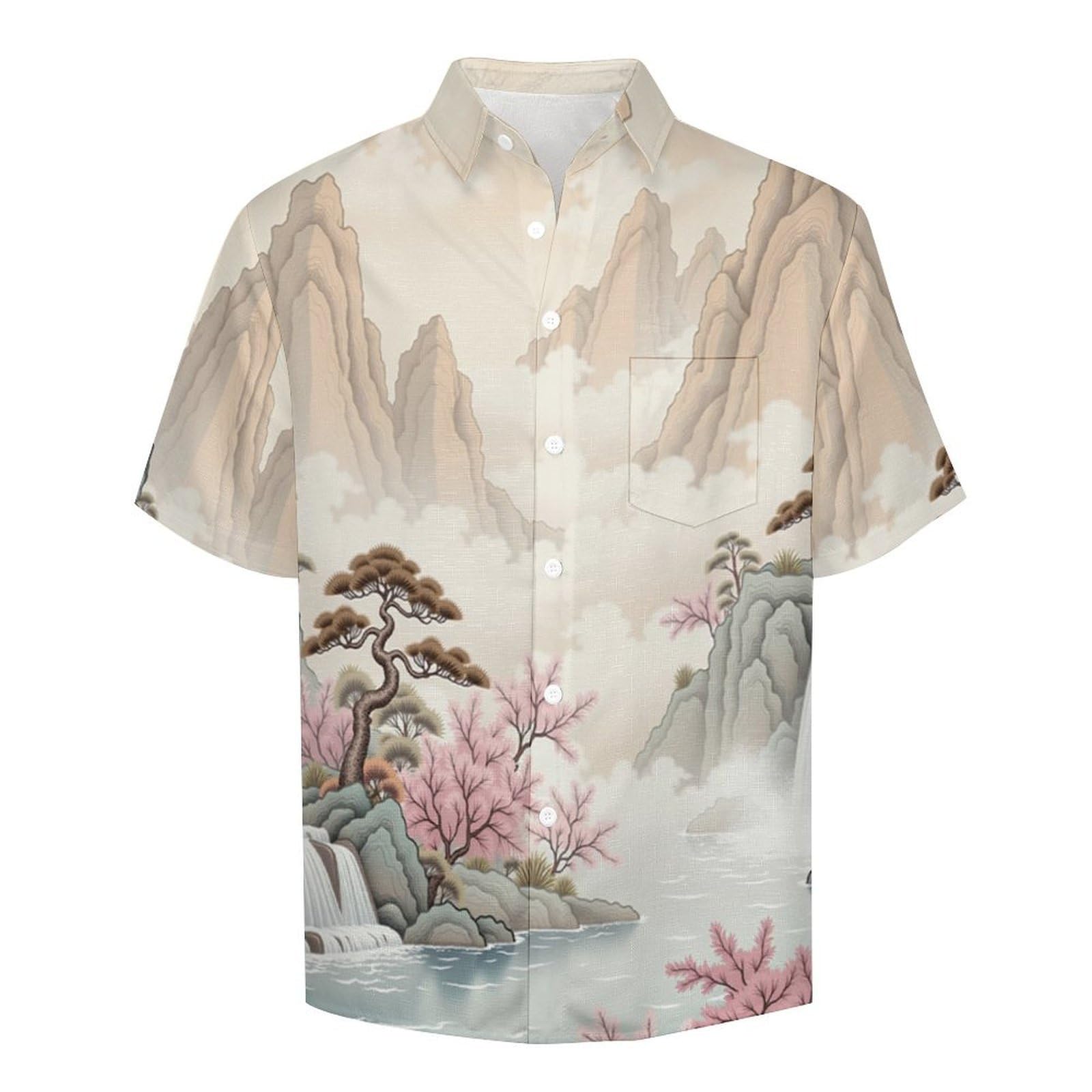 Camicia Casual da Uomo, Cascata Albero di Pesco in Fiore Stampa Maglietta Estiva a Maniche Corte Stile Stile Cinese Casual Button Down Hawaiani Camicie Risvolto Spiaggia Top
