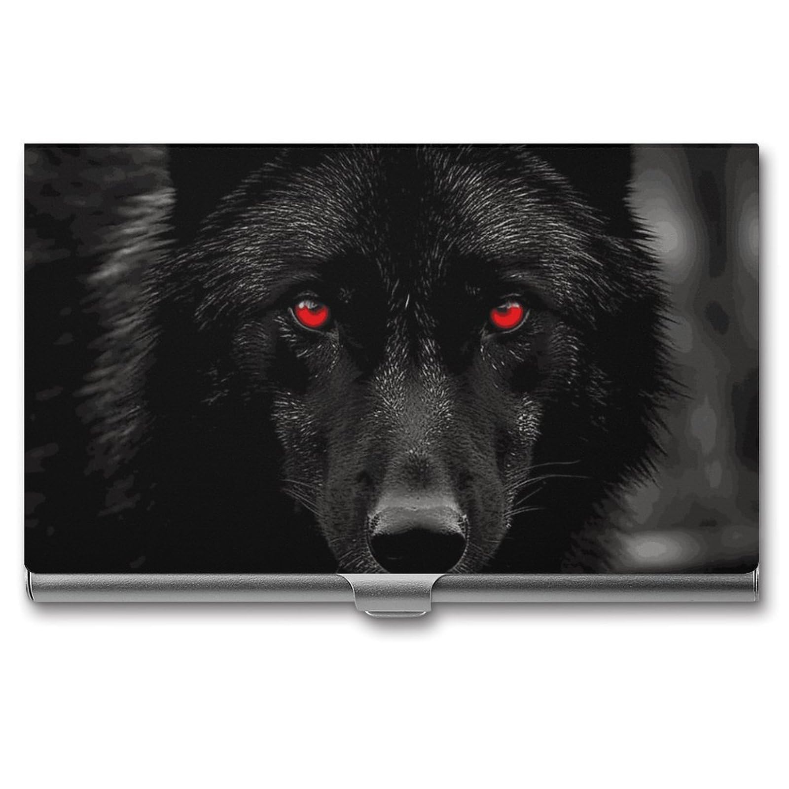 DWVTSLH Black Red Eyed Wolf Business Card Holder, Slim Portable Metal Business Card Case Pocket Wallet Professional Name Cards Holder for 22-30 Cards, Credit Card ID Case/Holder for Men Women