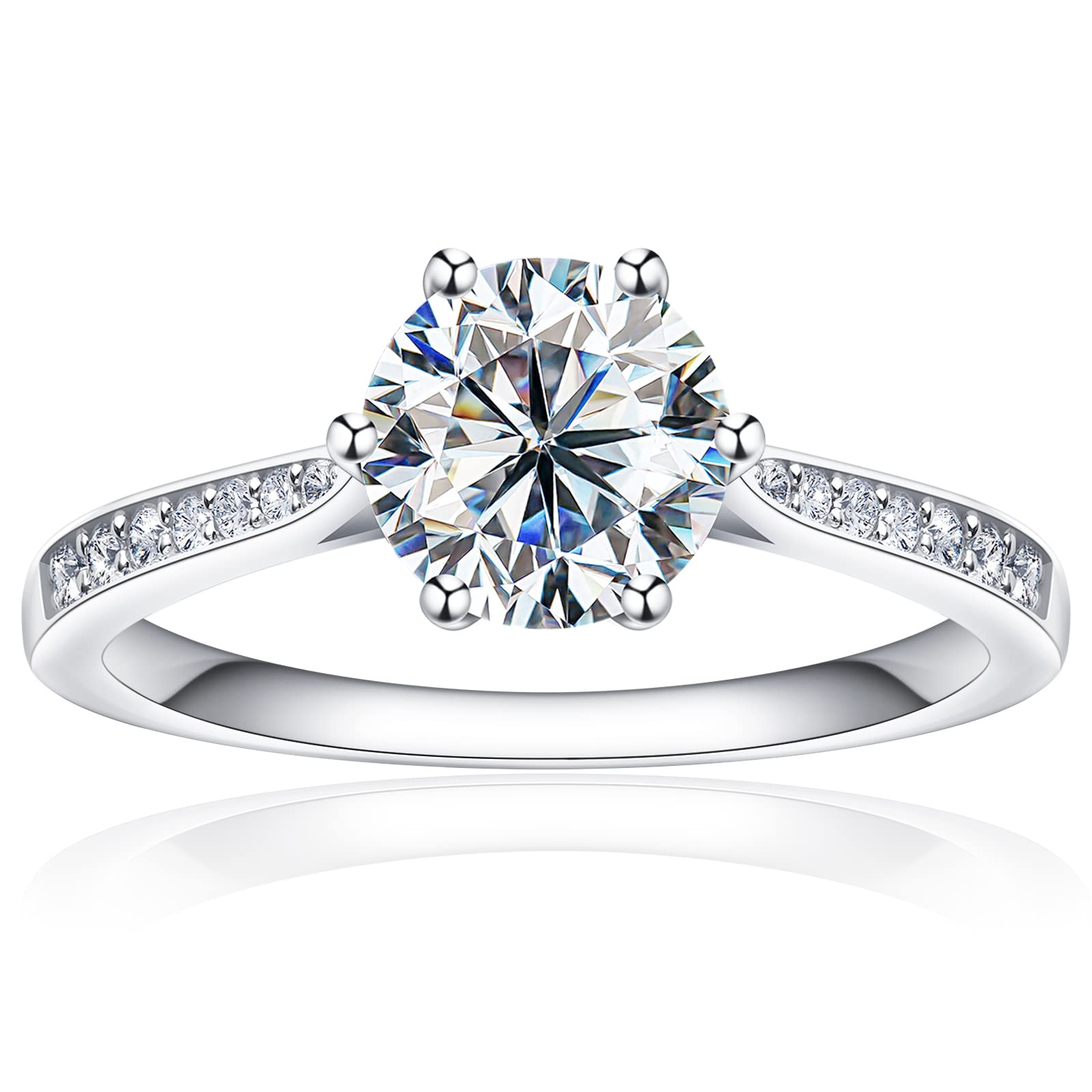 SAMIOVJ Moissanite Engagement Rings for Women, 1ct 1.5ct 2ct D Color Round Diamond Solitaire Engagement Ring, White Gold Plated Sterling Silver