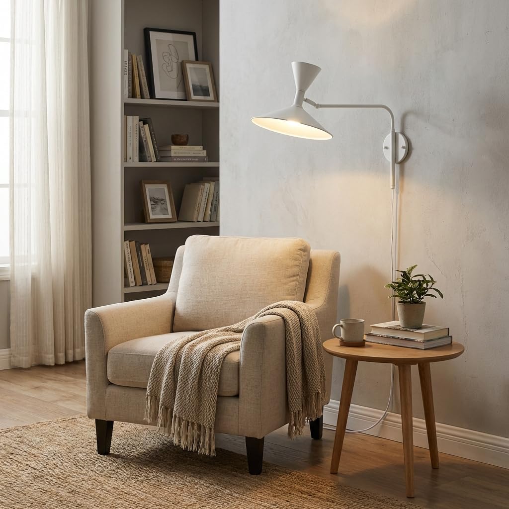 BARCELONA LED Lampada da Parete Industriale Grande 40 cm, Applique a Braccio Articolato, Stile Vintage e Moderno, Paralume in Metallo Bianco Interno Bianco, per Ristorante, Scale e Camera