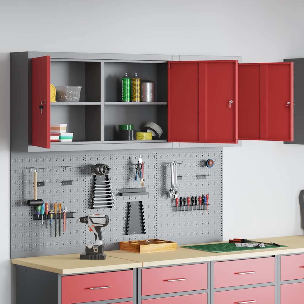 Juego de 5 armarios para herramientas de acero pulverizado, montaje en pared, 150 x 20 x 115 cm, con placas perforadas, estantes metálicos y 3 cerraduras para taller y garaje