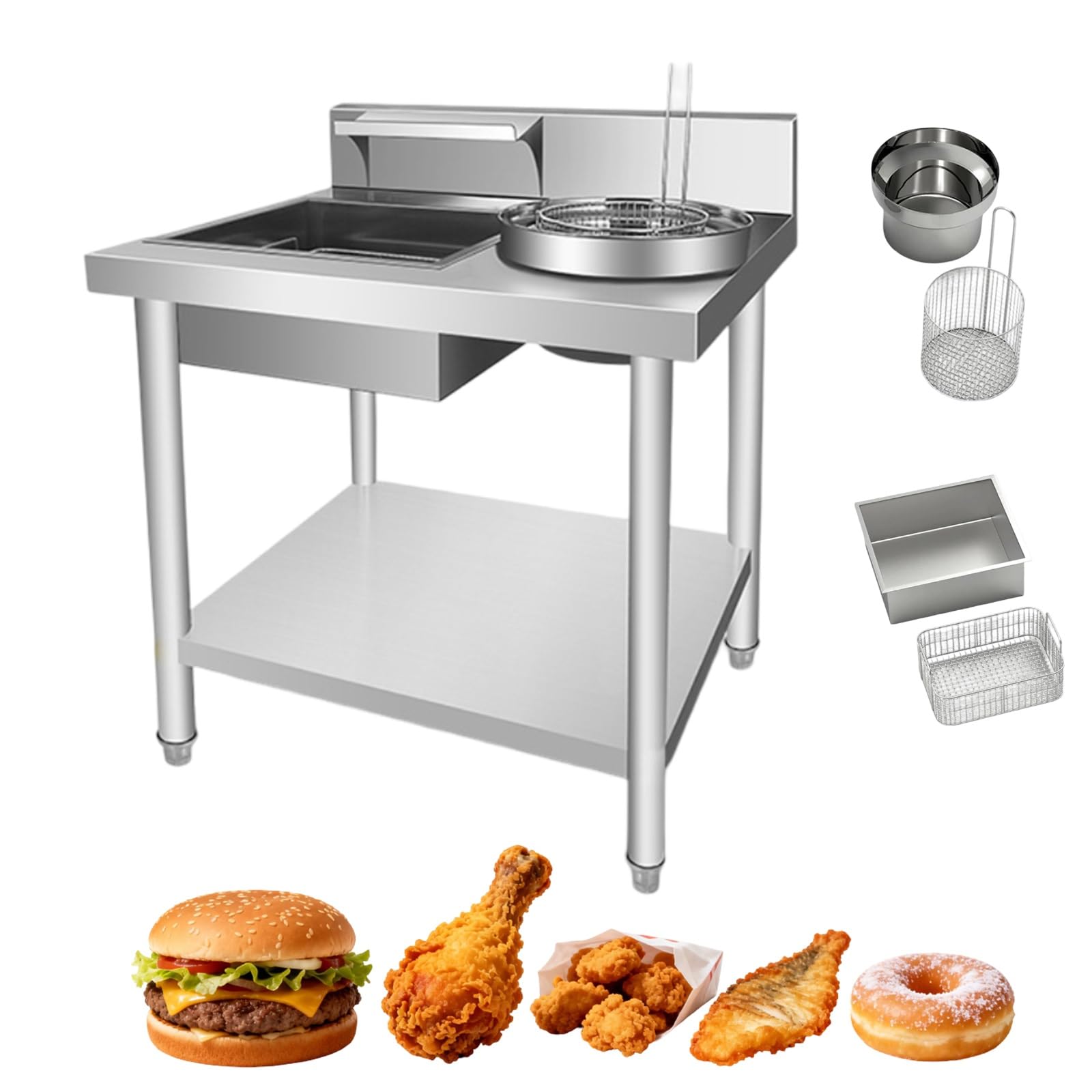Mesa de preparación de pollo frito, estación de pan comercial de acero inoxidable resistente con cestas y tamiz de harina para restaurante y servicio de alimentos