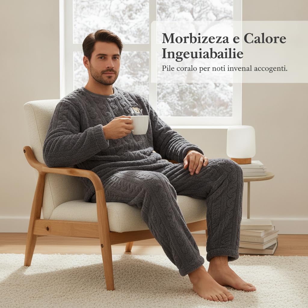 Pigiama Maschile in Poliestere con Morbidezza Extra per Calore Avvolgente Relax Notturno Vestibilità Pratica per Casa Stagione Autunnale Inverno, #801, Grigio, M