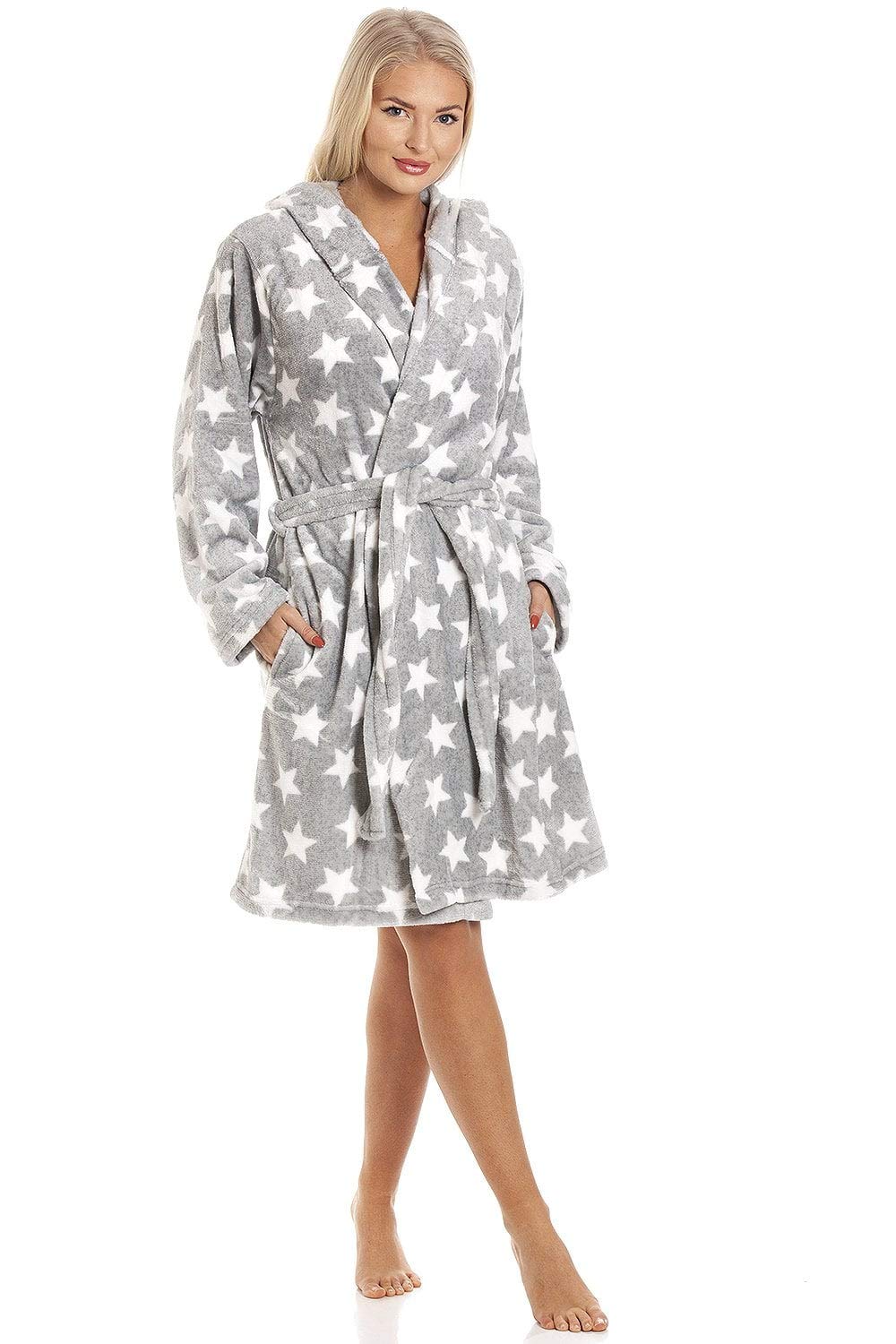 Camille Robe de chambre à capuche en polaire super douce pour femme - Blanc - Longueur genou - Manches longues - Fermeture à ceinture et poches latérales - Gris, gris, 42-44
