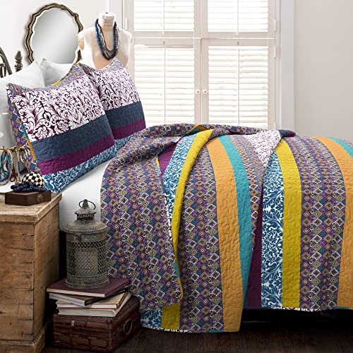 Image of Lush Decor Boho Stripe Reversible Cotton Quilt 3-Piece Set, King, Plum & Yellow - Bold Colorful Bohemian Bedding Set