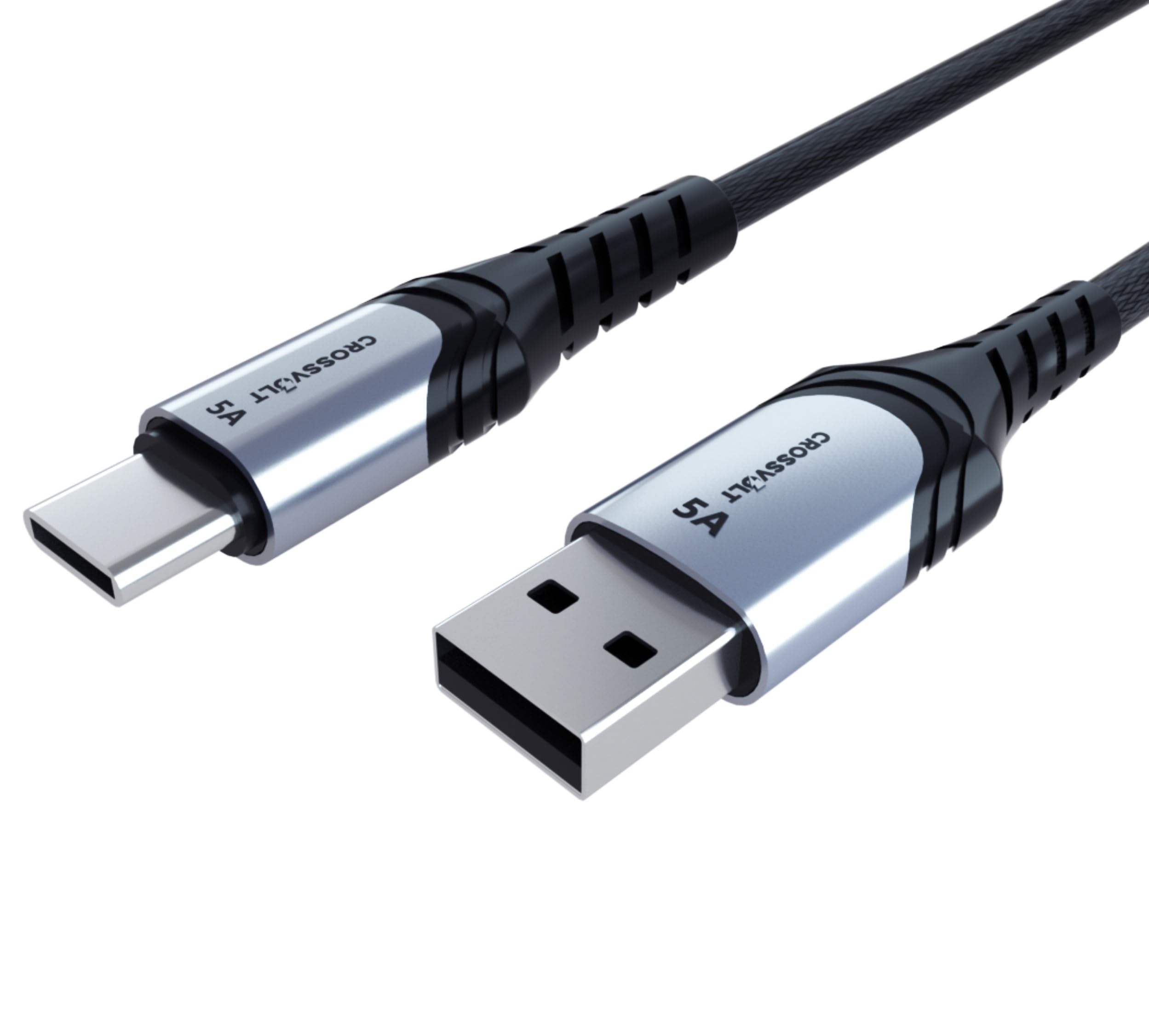 CROSSVOLT Braided 65W/5A USB-A To Type-C Sync And Fast Charging Cable Compatible For Samsung, Realme, Oppo, Xiaomi, Poco, Redmi, Vivo And All Type-C Devices (1M|SILVER)