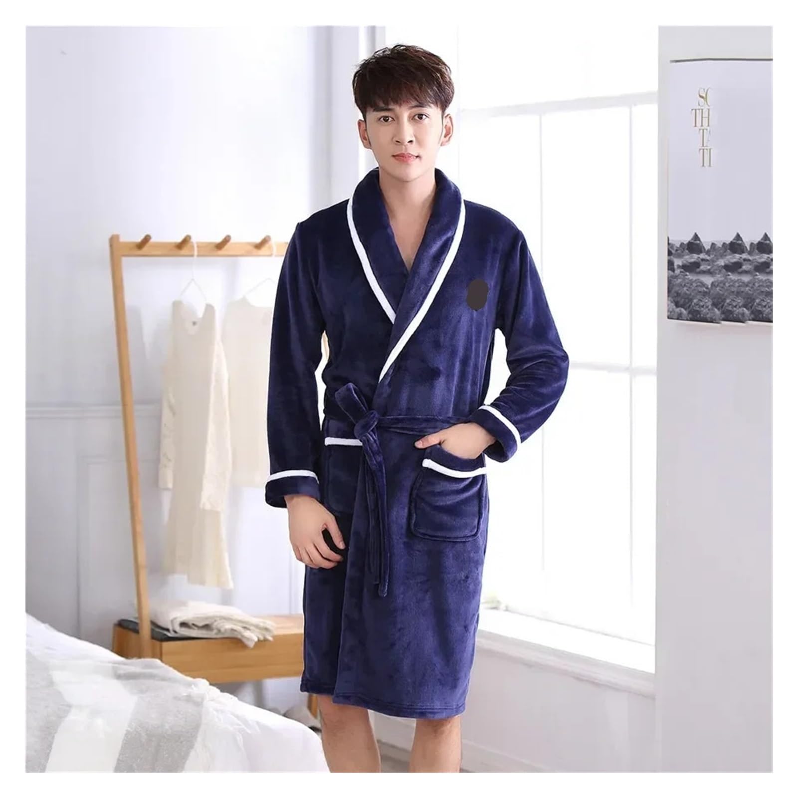 Albornoz Largo para Hombre De Franela Gruesa for Hombre, Ropa de Dormir otoño e Invierno, cálida baño Forro Polar Coral, Holgada Informal, Estar en casa