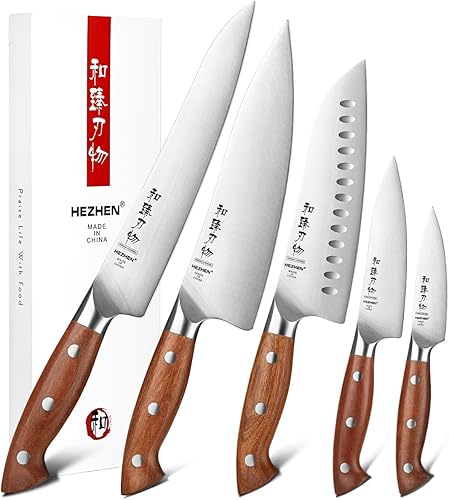 HEZHEN Juego de cuchillos de cocina de 5 piezas, acero inoxidable alemán de alto carbono ultra afilado para chef Santoku, juego de cuchillos de