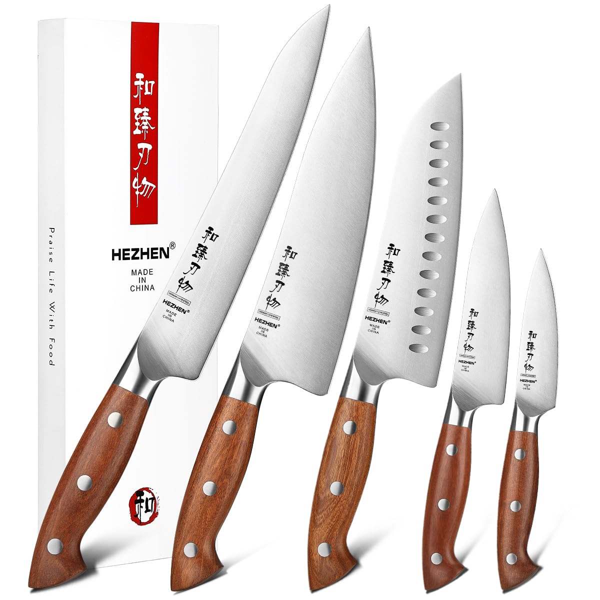 HEZHEN German Kitchen Knife Set 5 Pieces Stainless Steel Professional Chef Knife Set Santoku Knife Redwood Handle - messenset