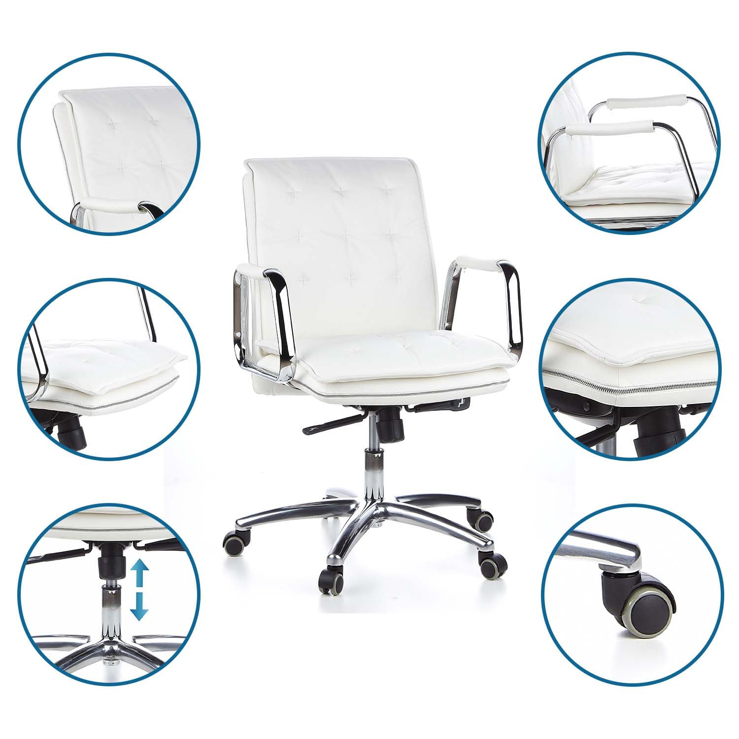 hjh OFFICE 600932 Silla de dirección Villa 10 de Cuero Blanco Silla de Oficina, Respaldo Medio, Regulable en Altura