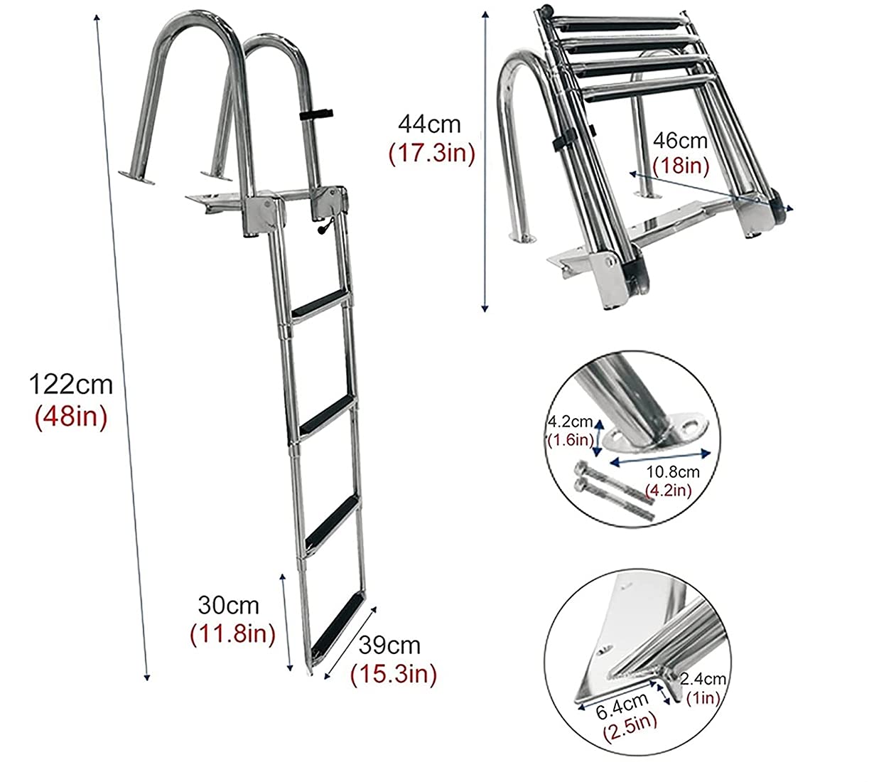 Scaletta Bagno Scaletta Barca Inox, Scalette Piscina Pieghevole con Corrimano E Ampia Pedaliera 4 Gradini Ponte Galleggiante per Piscina/Piscina Barca, Ingresso Poppa Marina