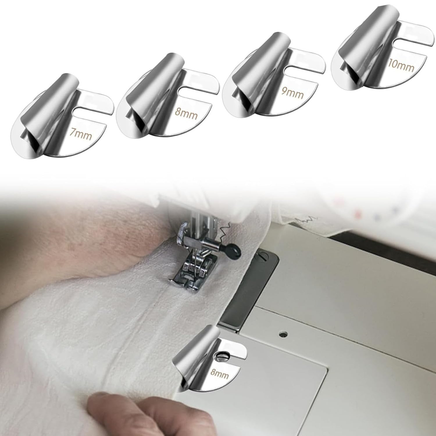 4Pcs Universal Sewing Rolled Hemmer Foot (7/8/9/10MM), Rolled Hem Hammer Foot for Sewing Machine, Rolls Hemming Attachement Rolled Seam Presser Foot, Sewing Accessories & Tools