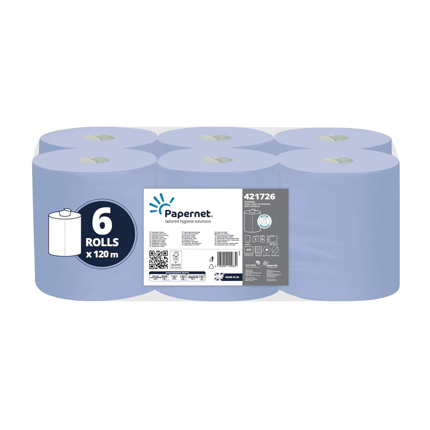 Papernet Standard Paper Hand Towels Centrefeed Rolled Blue 2 Ply 120 M 421726 415 Sheets Pack Of 6