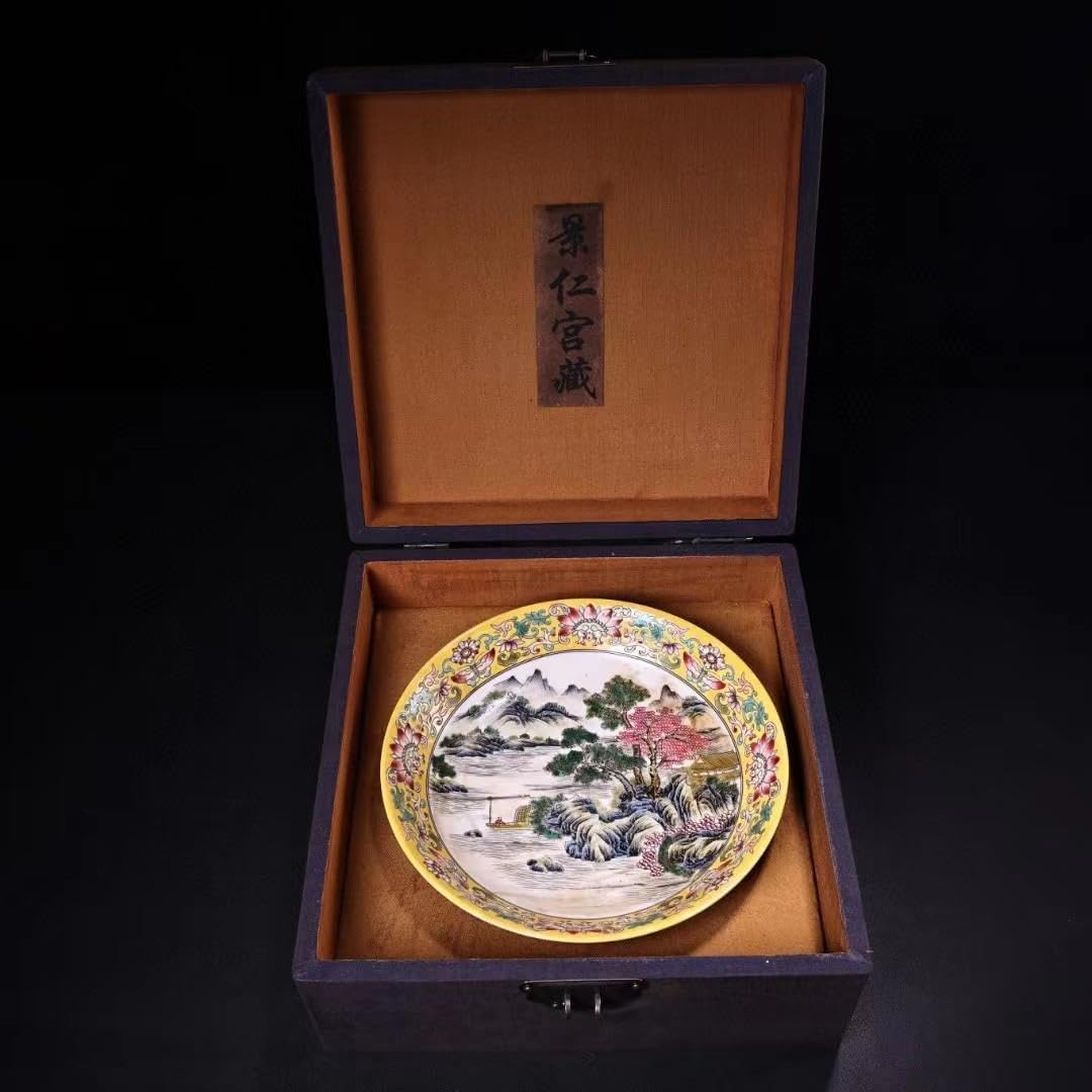 中国古美術・珍蔵粉彩・風景絵磁器の中皿・純手描き・刺繍箱付