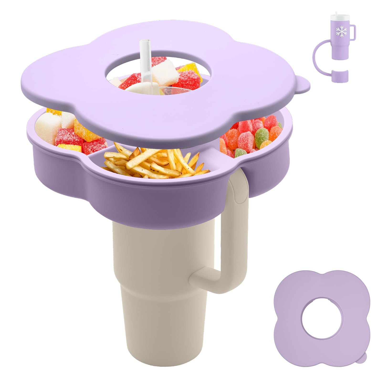 Snack Bowl with Lid for Stanley 40oz Tumbler with Handle, Silicone Reusable Snack Tray Snack Ring for Stanley Cup Accessories,: Zonyee Snack Bowl with Lid for Stanley 40oz Tumbler with Handle, Silicone Reusable Snack Tray Snack Ring for Stanley Cup Accessories, Lilac