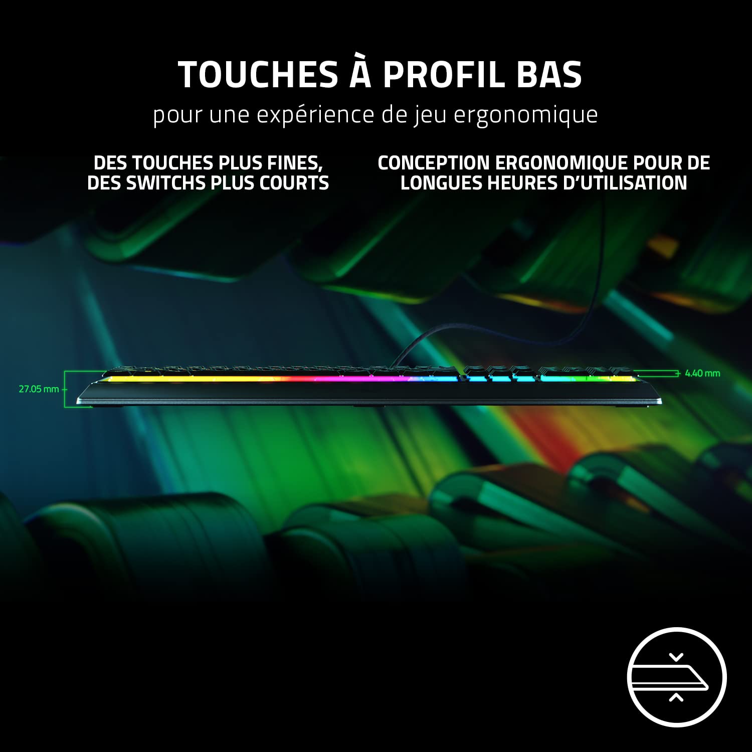 Razer Ornata V3 - Clavier Gamer à Profil Bas (Switches Méca-Membrane, Repose-Poignet Ergonomique, RGB Chroma, Touches en ABS Vernies aux UV) Clavier AZERTY | Noir