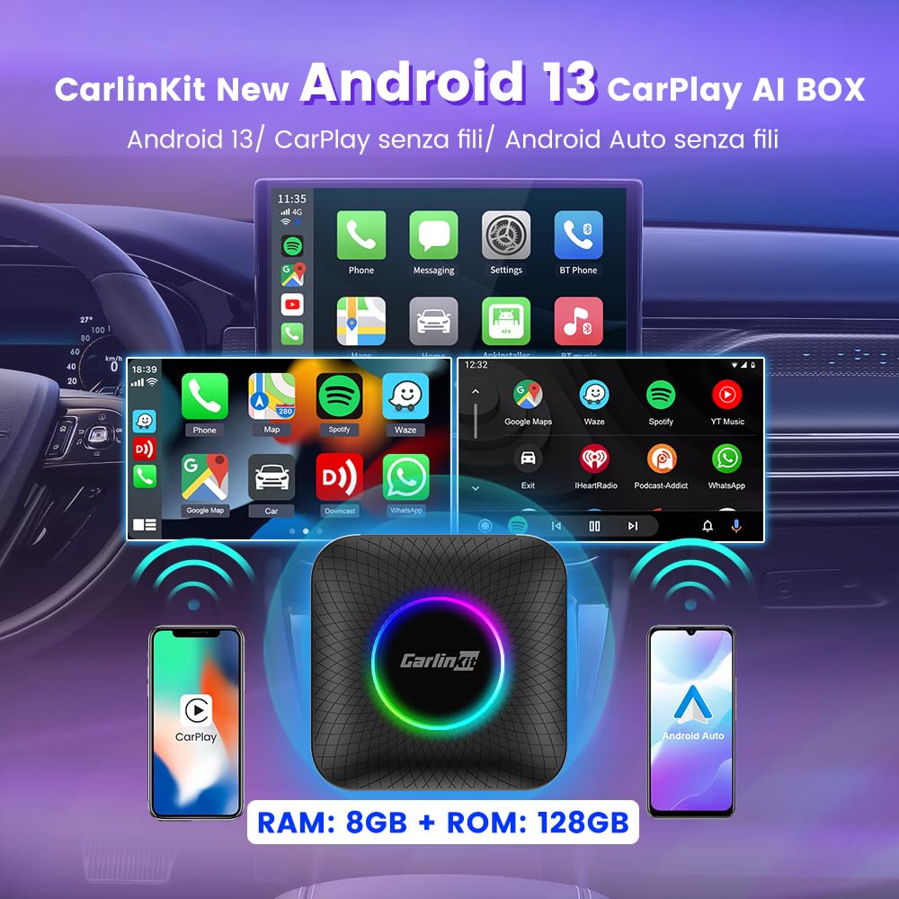 CarlinKit Tbox Ambient Android 13.0 CarPlay AI BOX,RAM 8GB+ROM 128GB,Adattatore Wireless CarPlay e Wireless Android Auto/Guarda Netflix, YouTube, SM 6225/Google Play Store/Aggiornamento OTA
