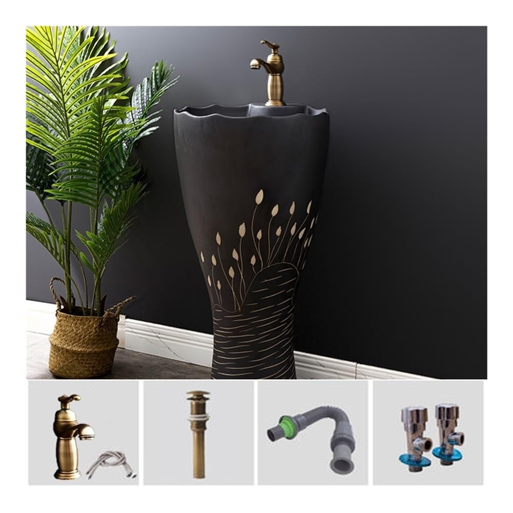 Lavello a colonna vintage con rubinetto e kit di scarico, lavabo in ceramica autoportante per un elegante aggiornamento del bagno, design classico, soluzione salvaspazio