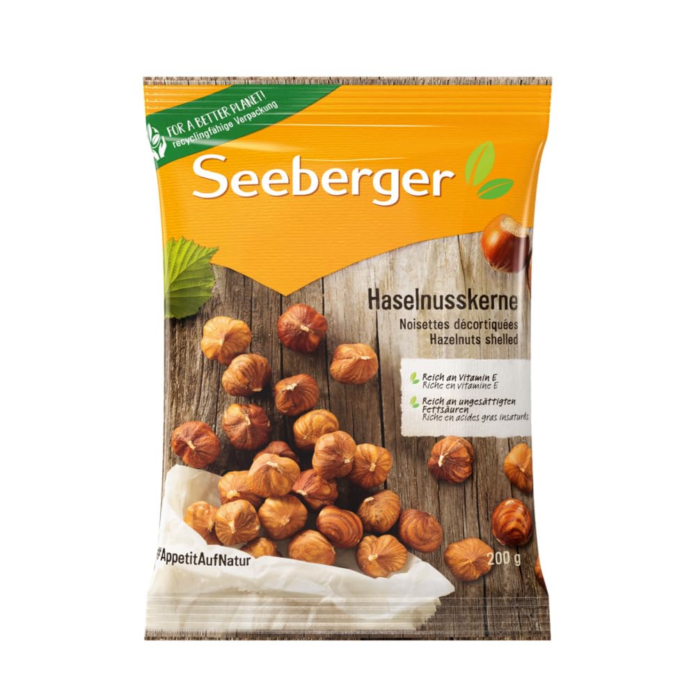 Seeberger Haselnusskerne 12er Pack: Große runde Kerne der Haselnuss, sehr aromatisch aus Italien - als Snack, Backzutat und zum Verfeinern von Speisen - roh, naturbelassen, vegan (12 x 200 g)