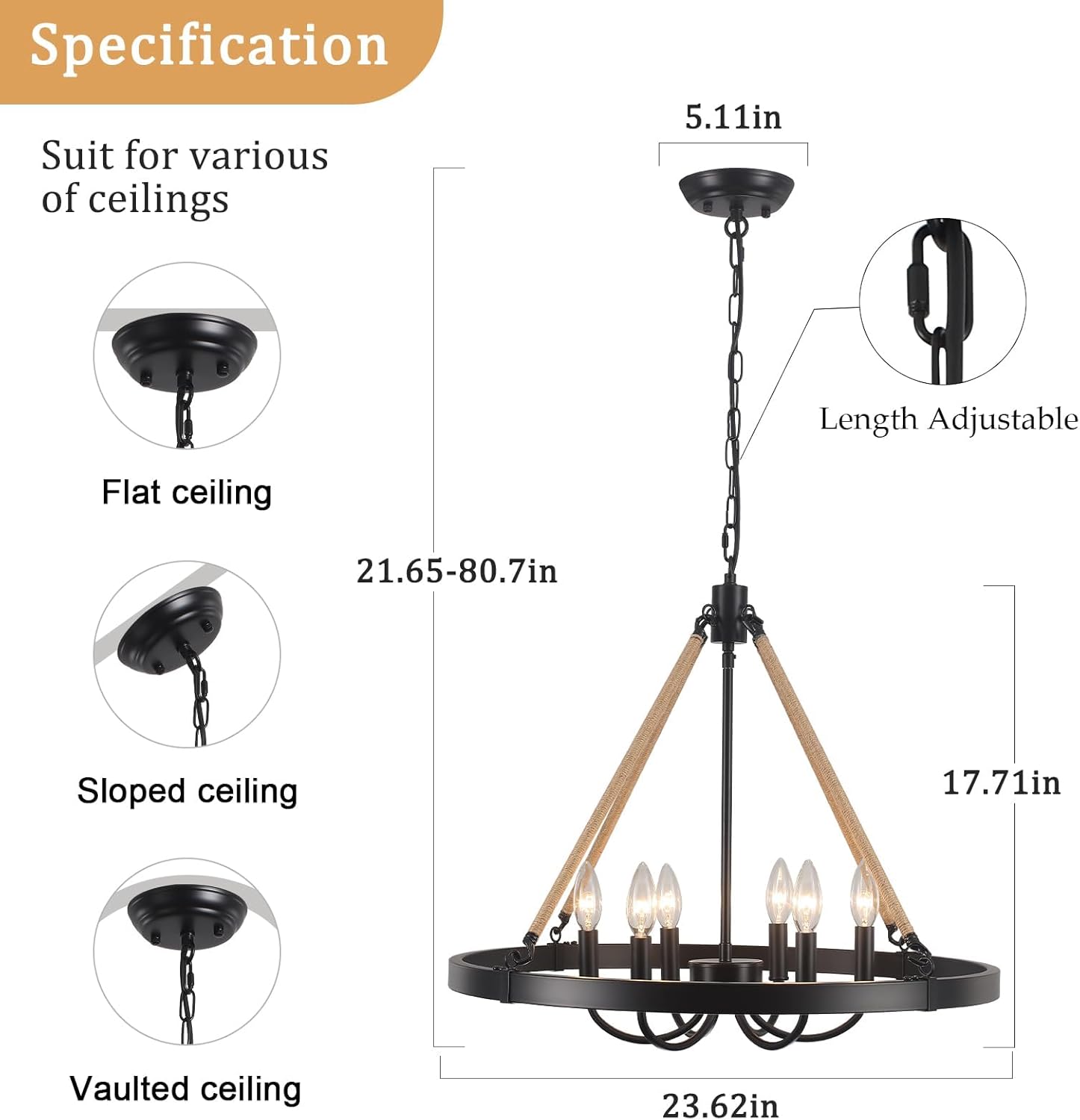 6-Light Black Farmhouse Chandeliers，23.62'' Wagon Wheel Chandelier,Rustic Round Light Fixtures for Dining Room Entryway Foyer Kitchen Living Room Hallway