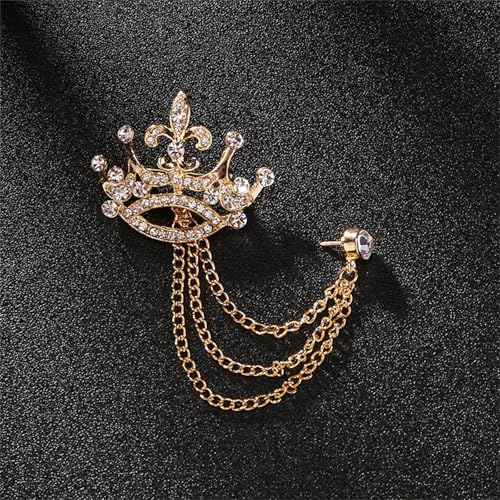 Image of coadipress Crown With Hanging Chain Brooch for Women Men Elegant Gentlemen Gold Silver Crystal Crown Lapel Pin Vintage Rhinestone Wedding Brooch Suit Shirt Pin Accessories