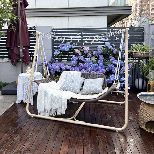 Image of PURPLE LEAF 2 Seat Porch Swing Outdoor Hand-Woven Rattan Bench Glider Loveseat Hanging Cloud Swing Chair with Stand for Indoor Backyard Garden Patio Hammock Swinging, Cushion and Pillows Included