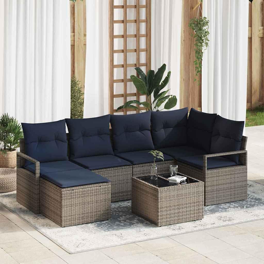 Ensemble de canapés de Jardin en polyrotin Gris 7 pcs modulable, Comprenant Coussins, sièges et Table pour Salon extérieur terrasse Balcon, détente et Repas
