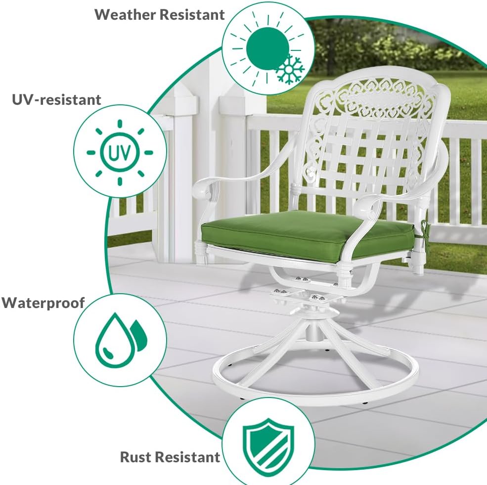 VIVIJASON Patio Swivel Dining Chairs Set of 2, All Weather Cast Aluminum Outdoor Dining Rocker Chairs, Patio Furniture Chair Set with Cushion for Balcony, Lawn, Garden, Backyard, White/Green Cushion