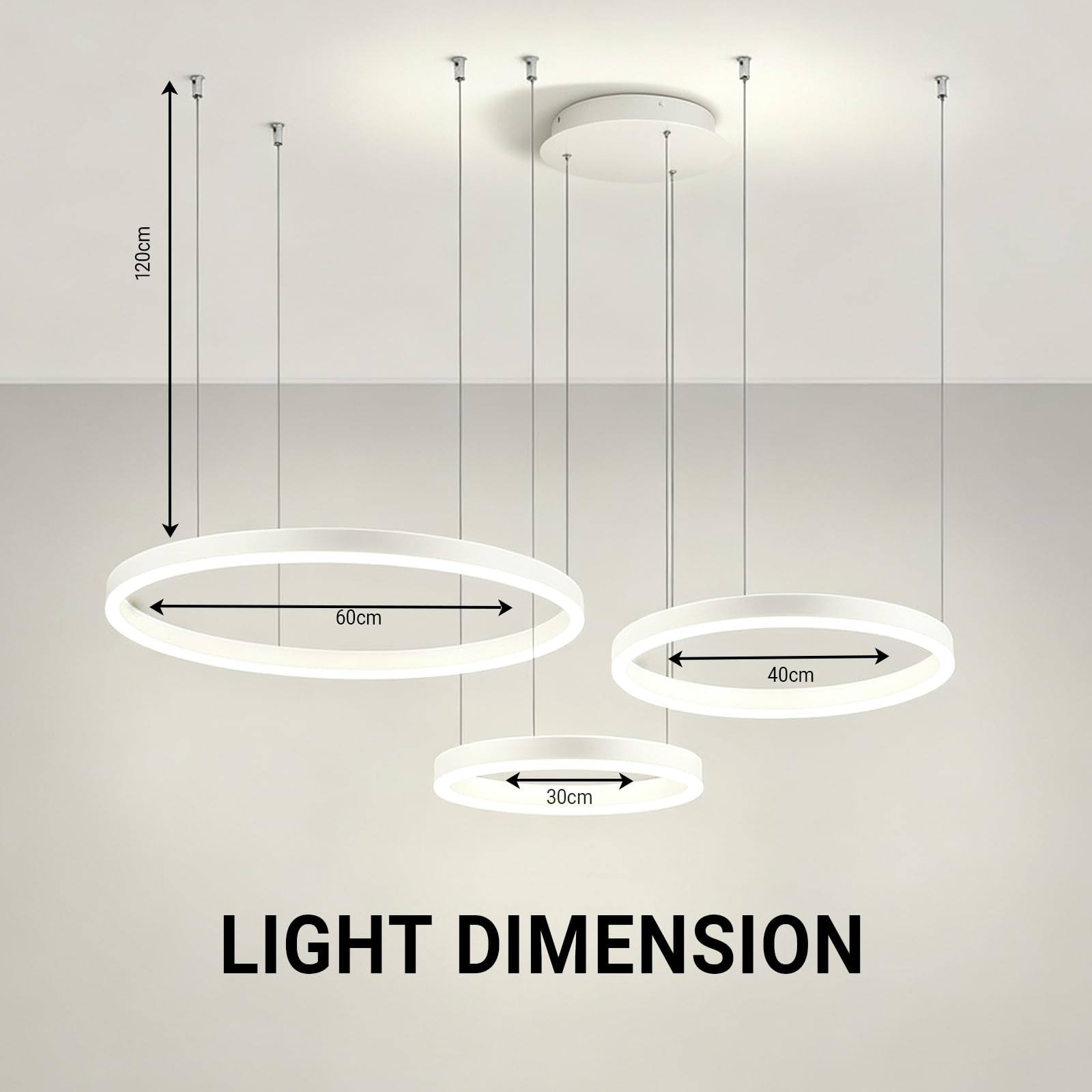 Żyrandol wiszący LED 3 pierścienie 30/40/60 cm, możliwość ściemniania za pomocą pilota | Minimalizm, stop aluminium i akryl, 3000K do 5000K, 78W Wysoka jasność, regulowana wysokość