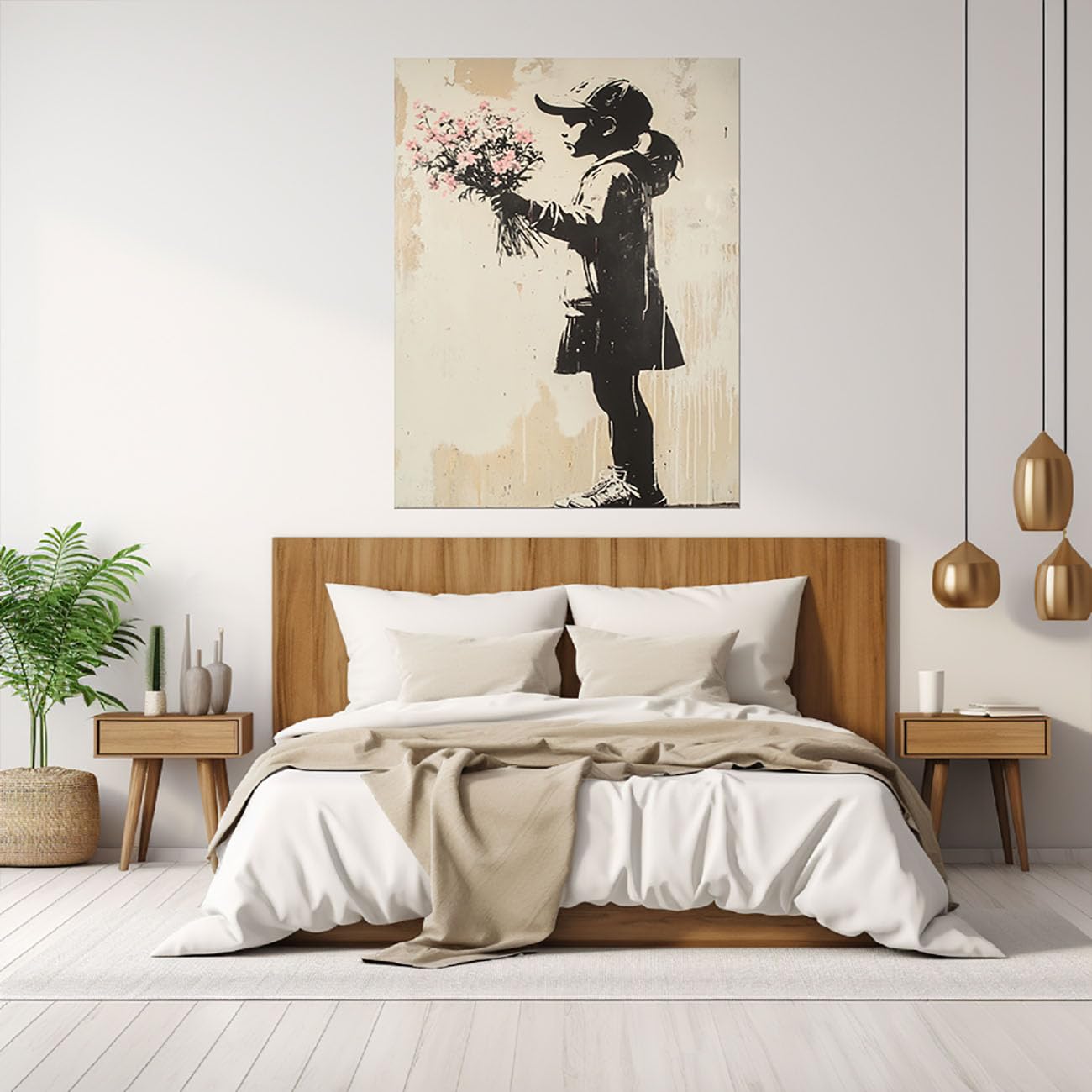 WIKEO Banksy Graffiti, płótno, sztuka ścienna, graffiti, dziewczęce, kwiaty, wystrój salonu, wydruki na płótnie, abstrakcyjna sztuka ścienna, uliczne pop, inspirujące cytaty (różowe), oprawione 70 x